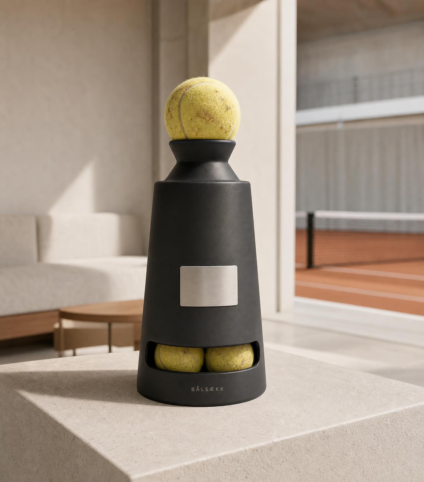 Matte charcoal Bålsækk Trophy concept holding a used match ball